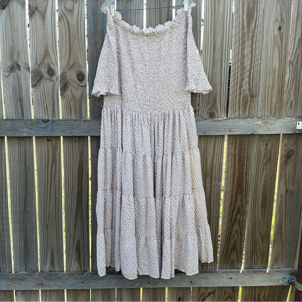 Orange Creek Smocked Maxi Dress 2X Boho Puckered Ditsy Floral Elbow Sleeve Ivory